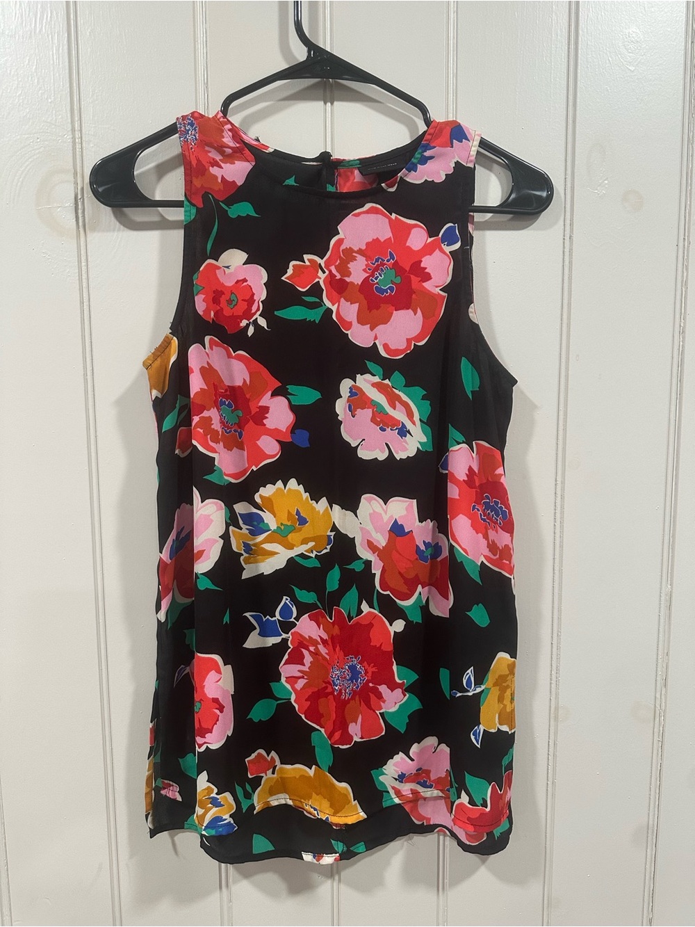 Who What Wear Black Floral Shell with Red, Pink & Green Blossoms